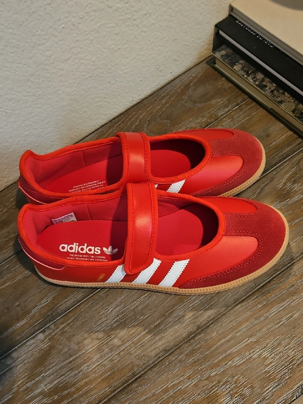 adidas Red Mary Jane Sneakers with White Stripes and Gum Sole - Picture 3 of 7